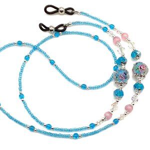 Turquoise and Pink Flowers, Beaded Eyeglass or Sunglass Chain Holder, 28 inches